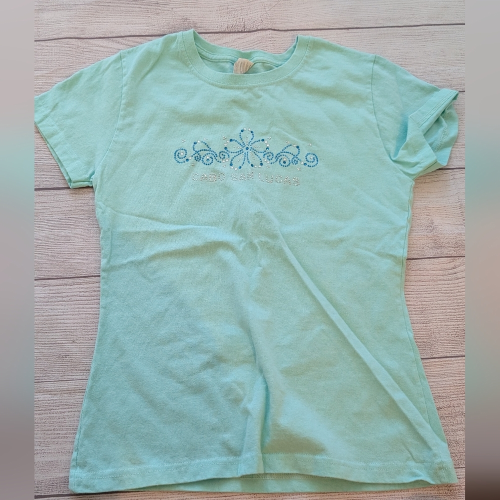 Yazbek Ella sparkle teal Cabo San Lucas T-shirt. Size medium girls